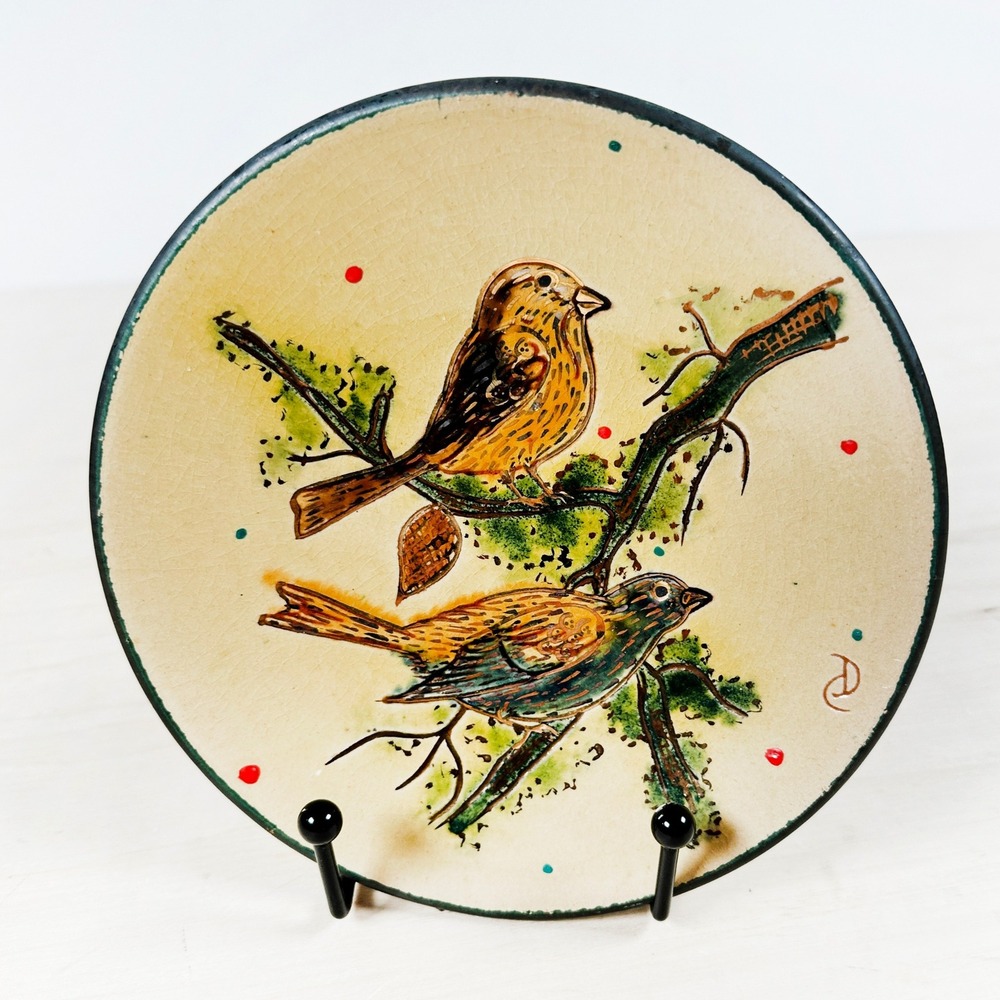 Eusebi Diaz Costa Terra Cotta Plate Birds on Limb Gold Catalan Art 1960s Vintage